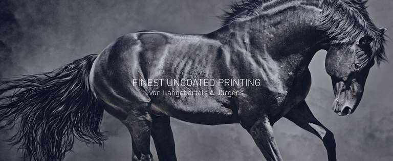 Finest Uncoated Printing, ungestrichene Papiere Schwarzes Pferd mit grauem Hintergrund - zeigt die Qualität der ungestrichenen Papiere