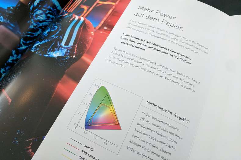 Vierfarbdruck - PSO-Coated v3 Ausschnitt einer gedruckten Broschüre mit Angaben zu Farbräumen im Vierfarbdruck - PSO-Coated v3