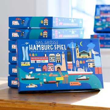 Brettspiele und Memories - Kartonagen Hamburg Hamburger Brettspiel in blauer Bezugskartonage - Kartonagen Hamburg